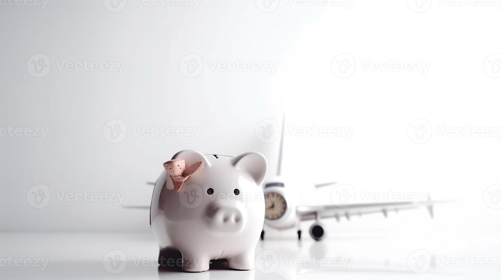 speichern Ihre Geld zum Reise. Schweinchen Bank mit Münzen, Flugzeug und finanziell Unterlagen auf ein Weiß Schreibtisch, generativ ai foto