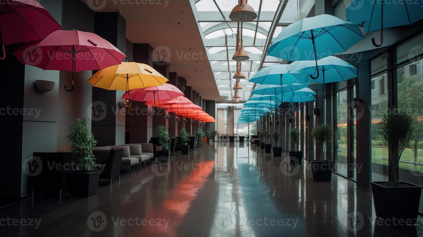 stilvoll Innere von modern Halle mit Regenschirme, generativ ai foto