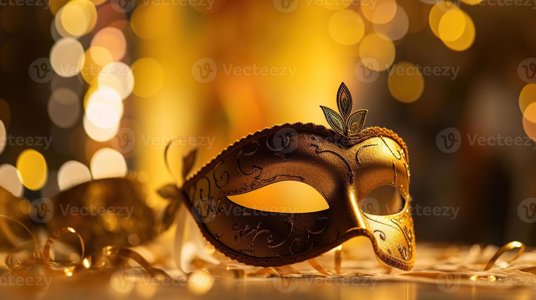 Karneval Party - - venezianisch Maske auf Gelb Satin- mit glänzend Streamer, generativ ai foto
