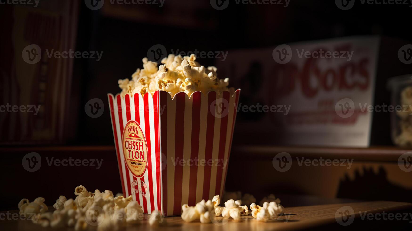 Popcorn im ein gestreift Kasten. Film Essen im Theater, generativ ai foto