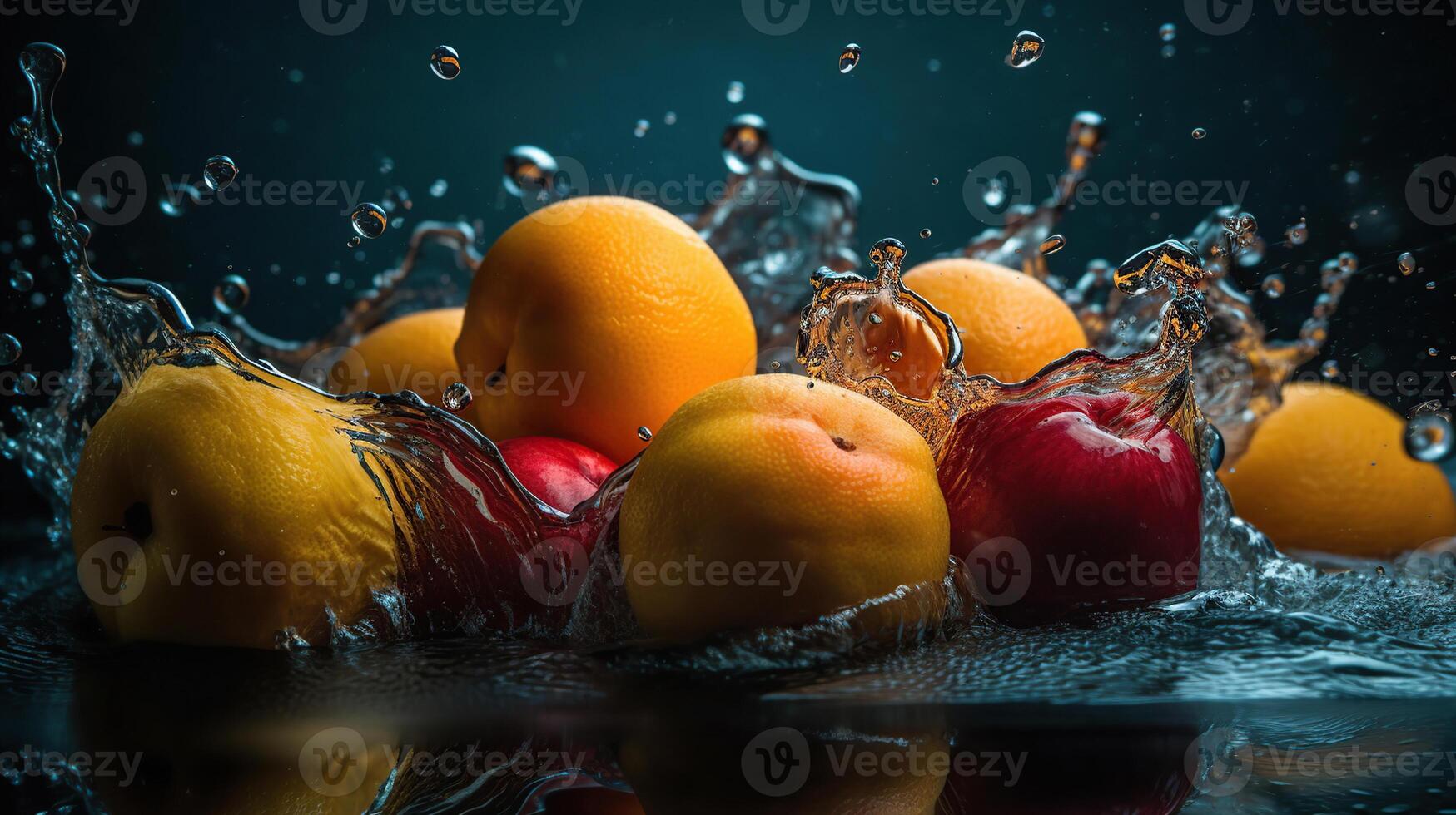 frisch Obst mit Wasser Spritzen, isoliert auf schwarz Hintergrund, generativ ai foto