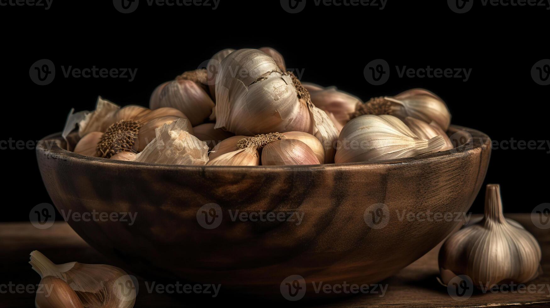 Knoblauch Nelken und Birne im Jahrgang hölzern Schüssel, schwarz Tasche rund, generativ ai foto