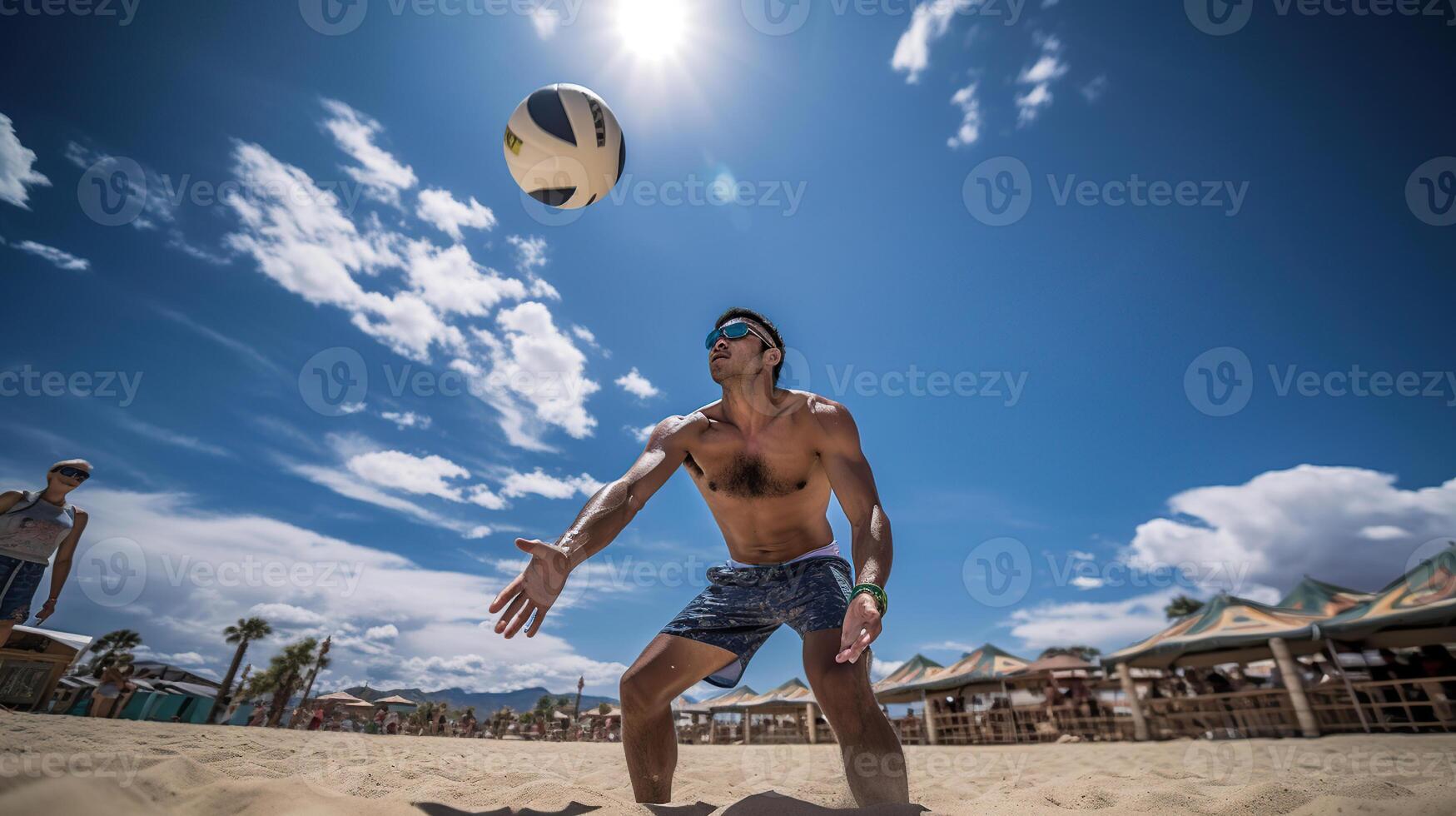 Strand Volleyball Spieler im Aktion beim sonnig Tag unter Blau Himmel, generativ ai foto