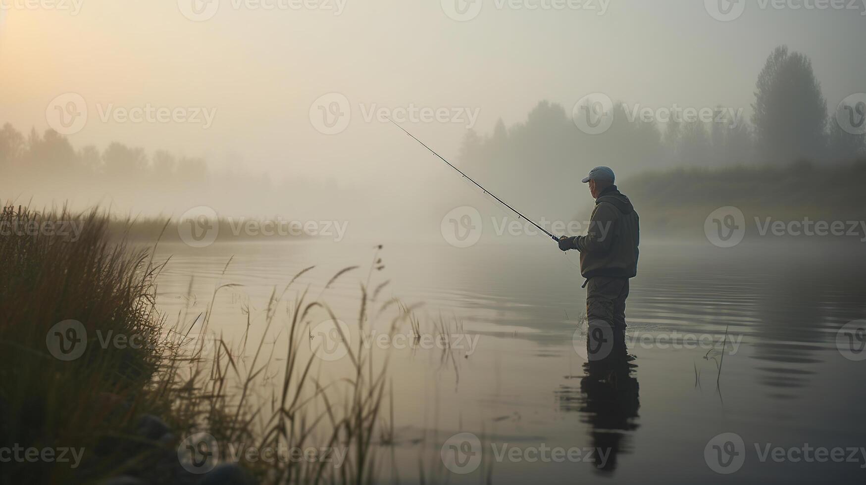 Fischer mit Stange, Spinnen Spule auf das Fluss Bank. Sonnenaufgang. Nebel gegen das Hintergrund von See. Hintergrund neblig Morgen. wild Natur. das Konzept von ein ländlich Flucht, generativ ai foto