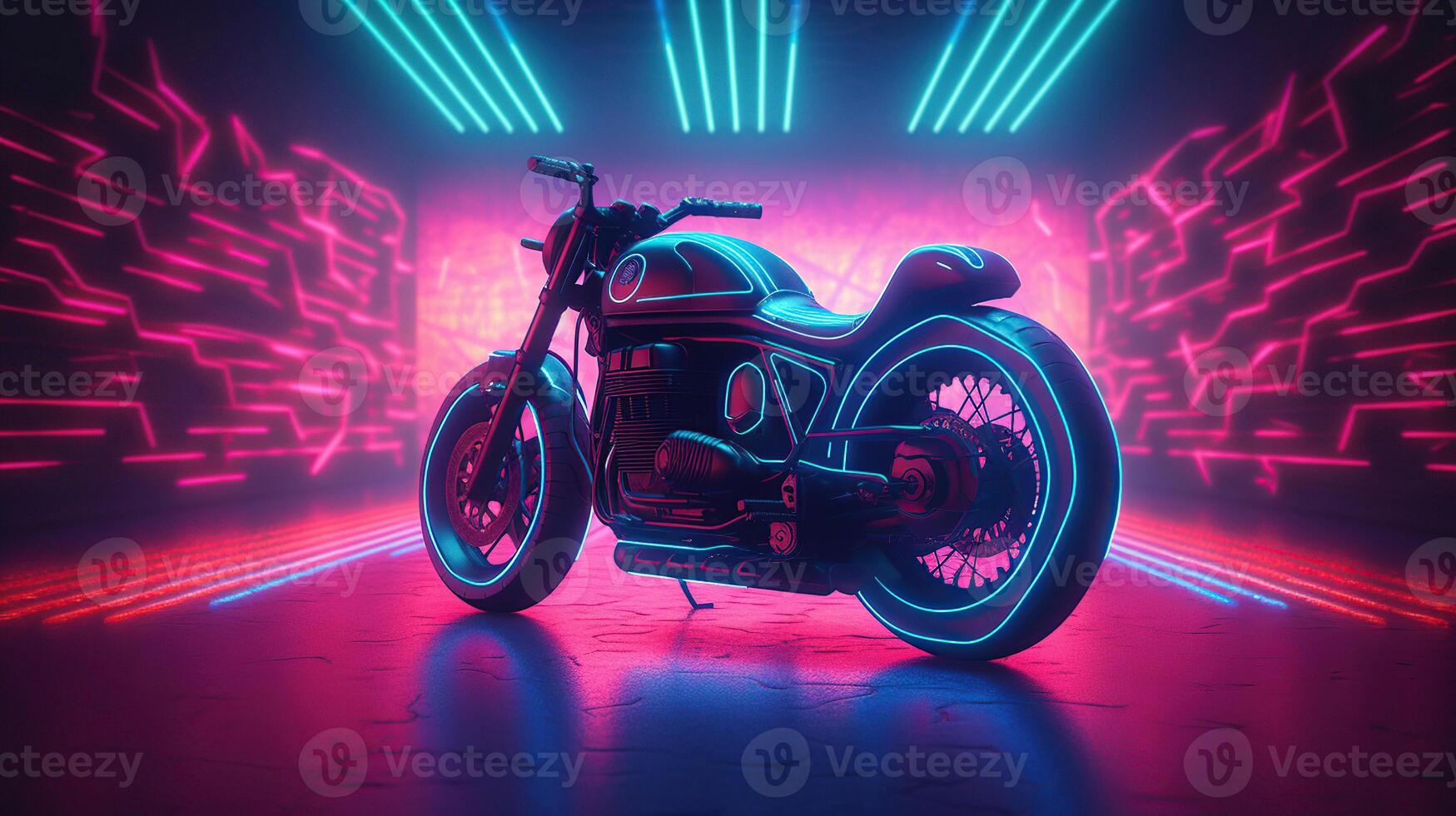 futuristisch Motorrad auf ein beschwingt bunt Retrowave Landschaft mit ein Gitter Muster im das Cyberspace horizontal Ausführung, generativ ai foto