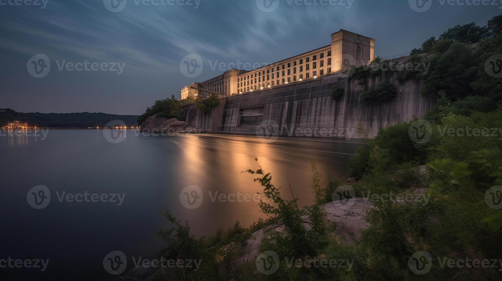 Aussicht von das Wasserkraft Leistung Pflanze auf das Fluss, Dämmerung, lange Belichtung, generativ ai foto