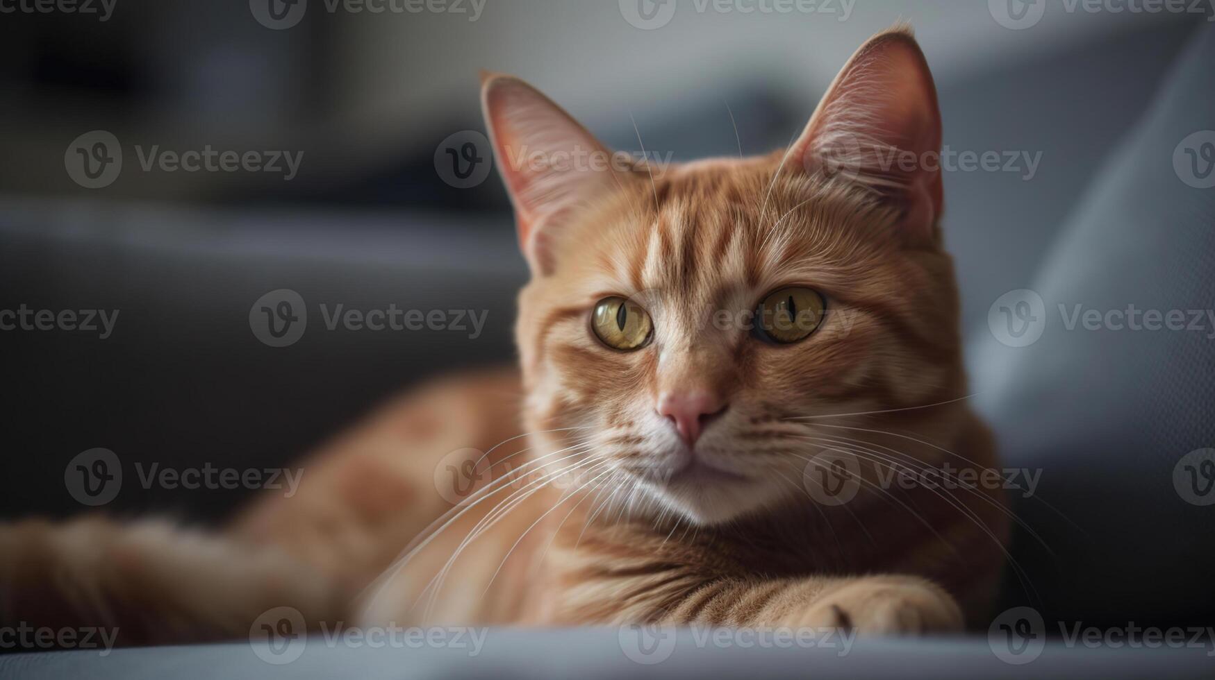 süß rot Katze Lügen auf Sofa im Leben Zimmer, generativ ai foto
