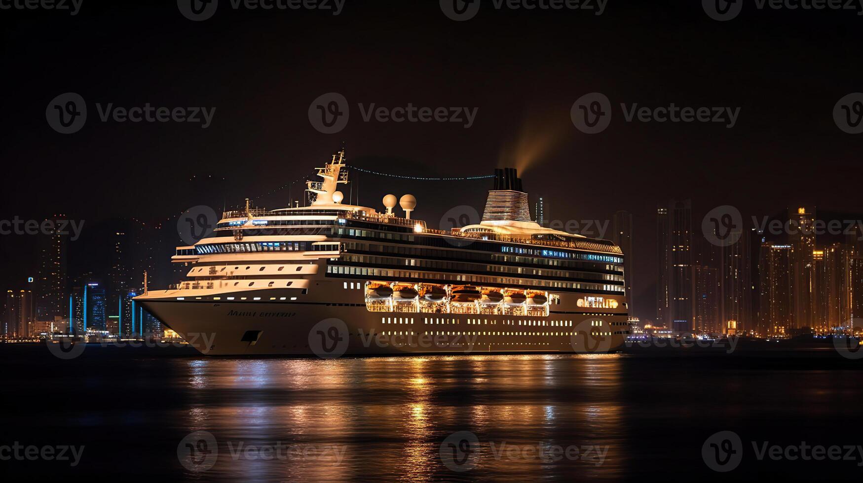 modern Kreuzfahrt Liner im das Hafen beim Nacht, generativ ai foto