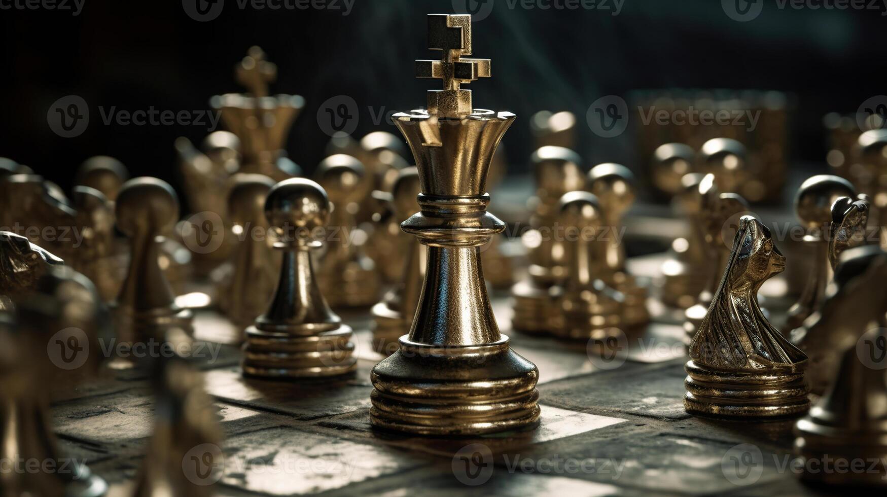 Gold Königin Schach umgeben durch ein Nummer von gefallen Silber Schach Stücke, Geschäft Strategie Konzept, generativ ai foto