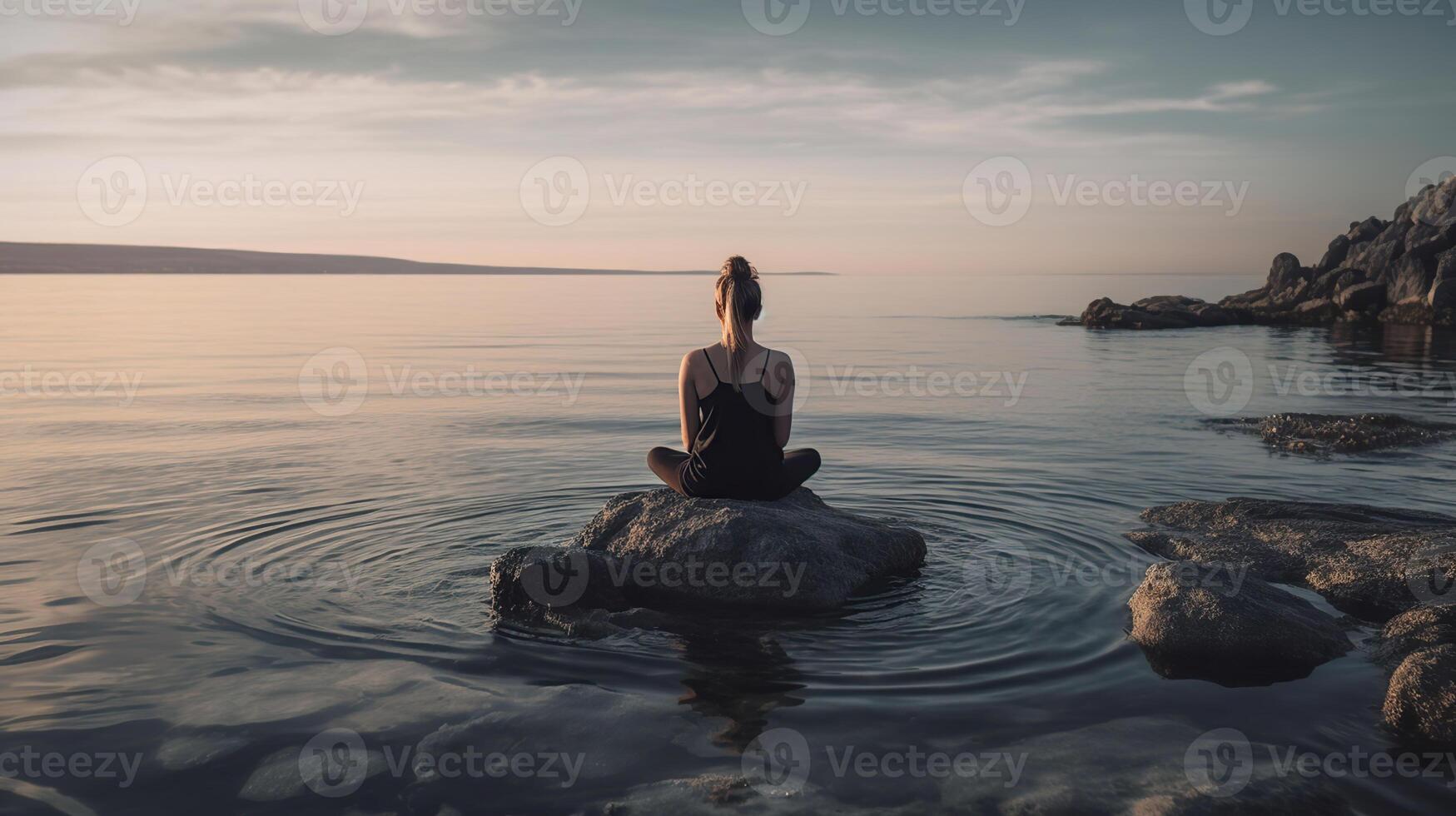 Frau meditieren in der Nähe von Meer. planen von Sieben Chakren, Illustration, generativ ai foto