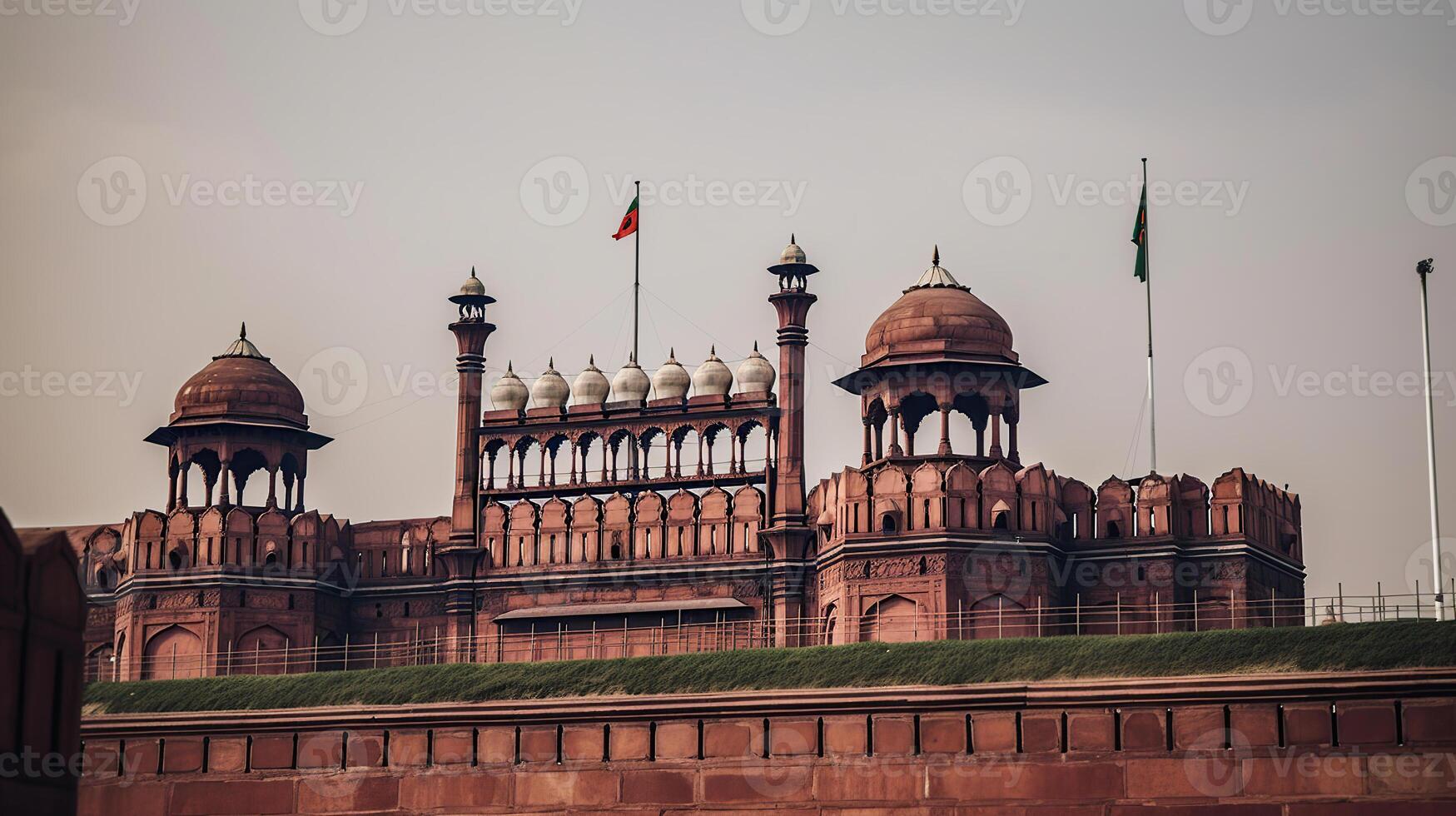 Seite? ˅ Erbe Welt ein Himmel launisch mit Sonnenuntergang beim hoch fliegend Flagge Indien mit Delhi Fort Rot, generativ ai foto