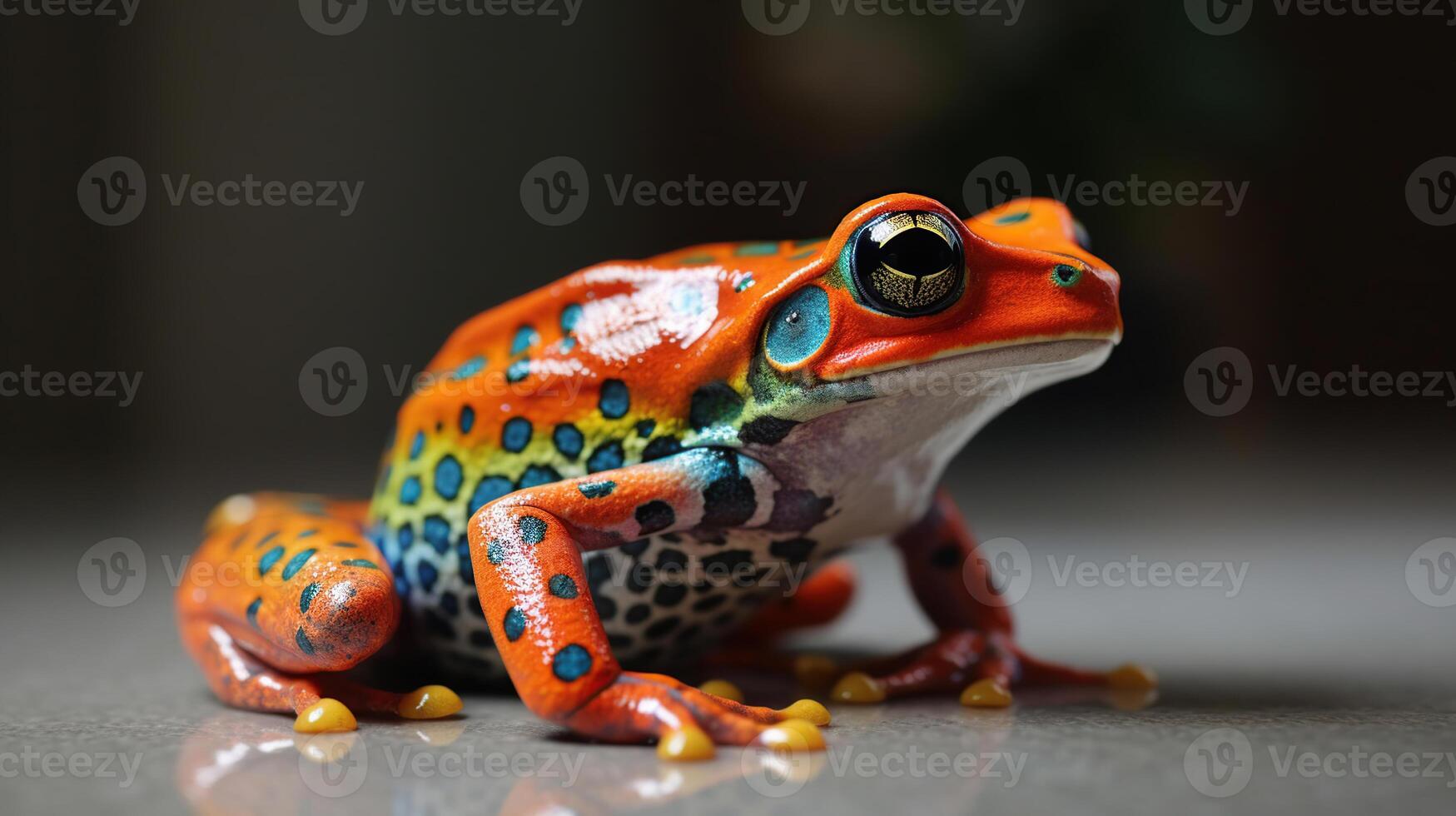 bunt Frosch thront auf ein Stein beim das Kante von Wasser zeigen Betrachtung im das Wasser mit dunkel Hintergrund, generativ ai foto