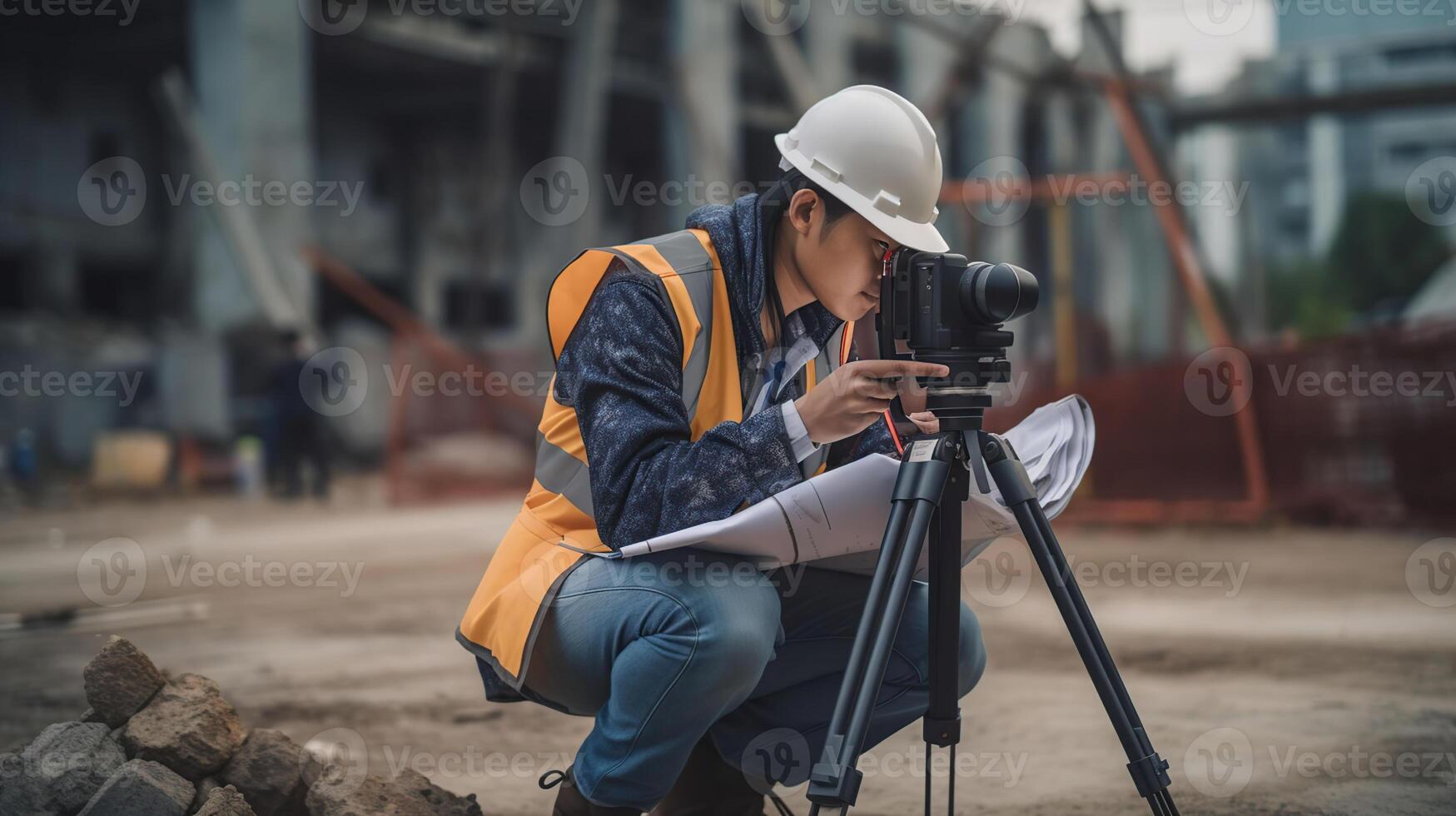 Clever bürgerlich Architekt Ingenieur inspizieren und Arbeiten draußen Struktur Gebäude Seite? ˅ mit Blaupausen. Ingenieurwesen und die Architektur Konzept, generativ ai foto