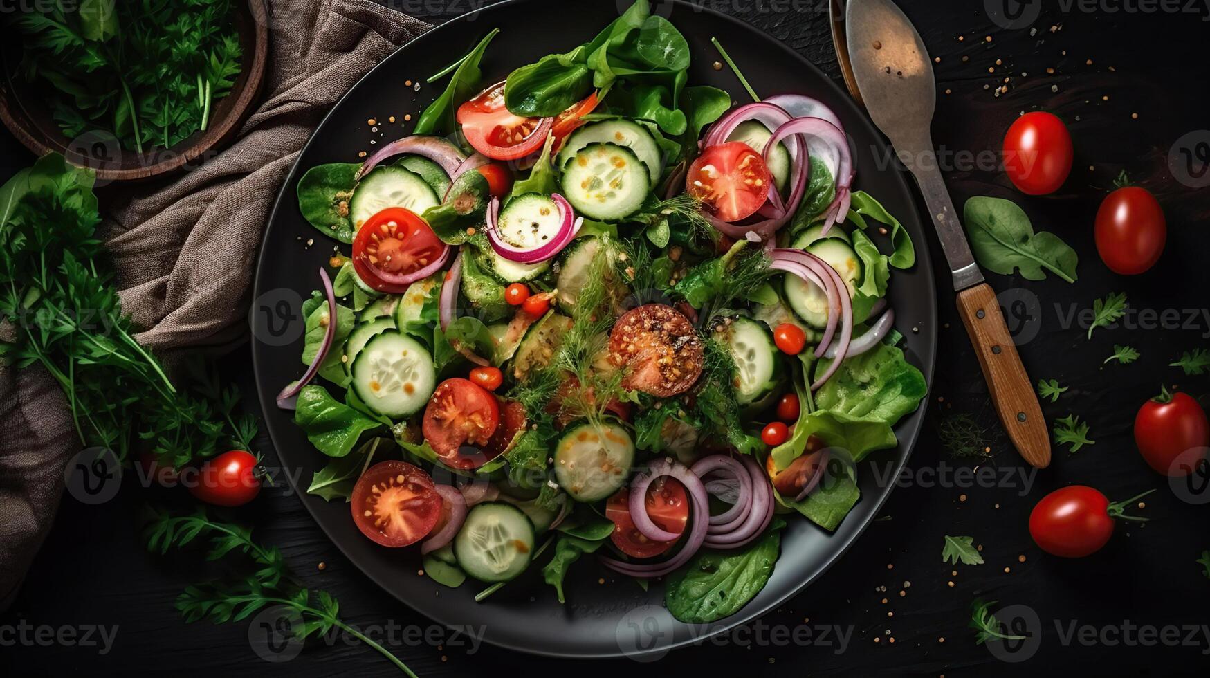 gesund Gemüse Salat von frisch Tomate, Gurke, Zwiebel, Spinat, Grüner Salat und Sesam auf Platte. Diät Speisekarte. oben Sicht, generativ ai foto