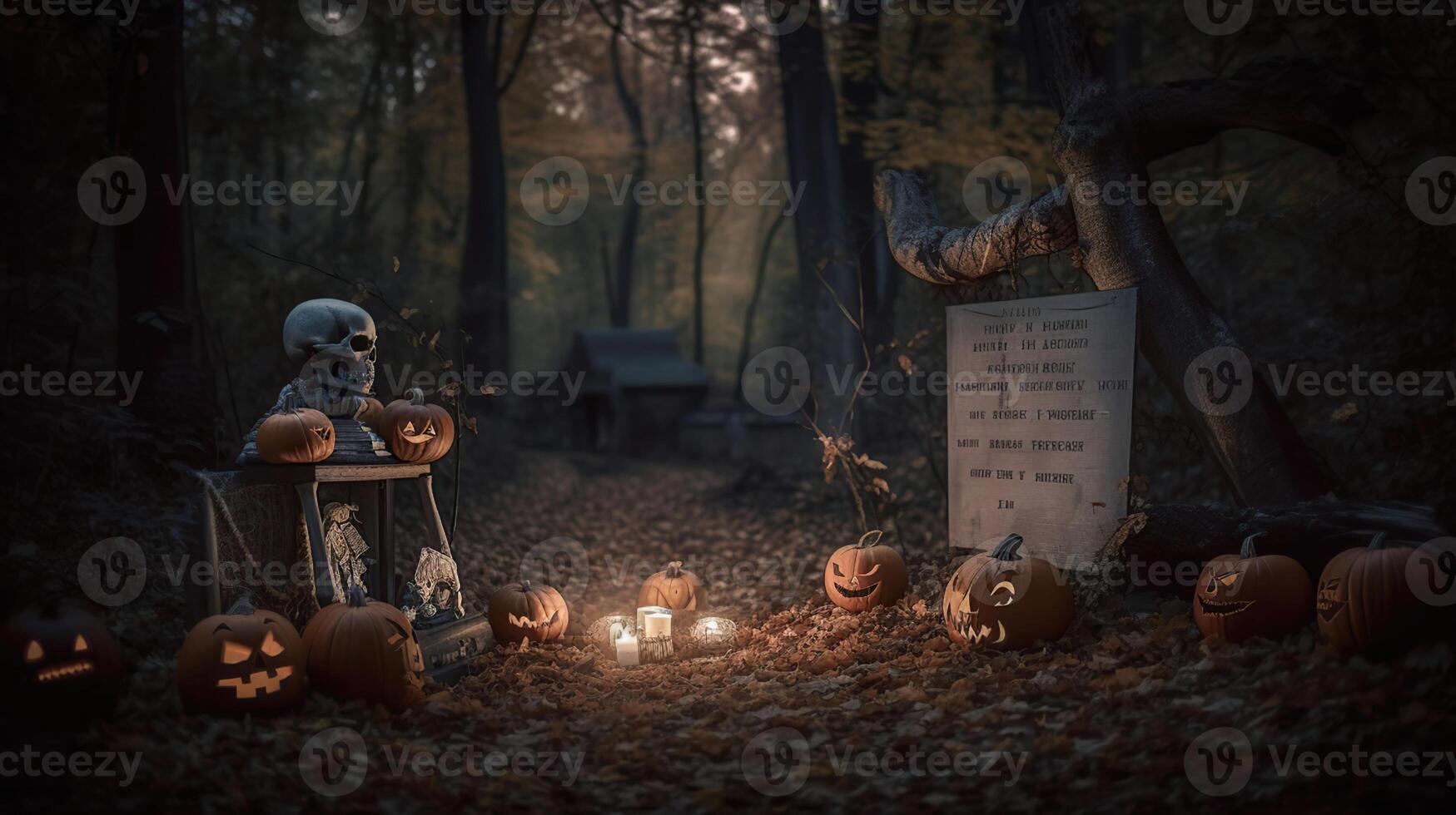 Friedhof beim Nacht mit Kürbisse und Skelette - - Halloween Karte im Wald mit hölzern Zeichen Planke, generativ ai foto