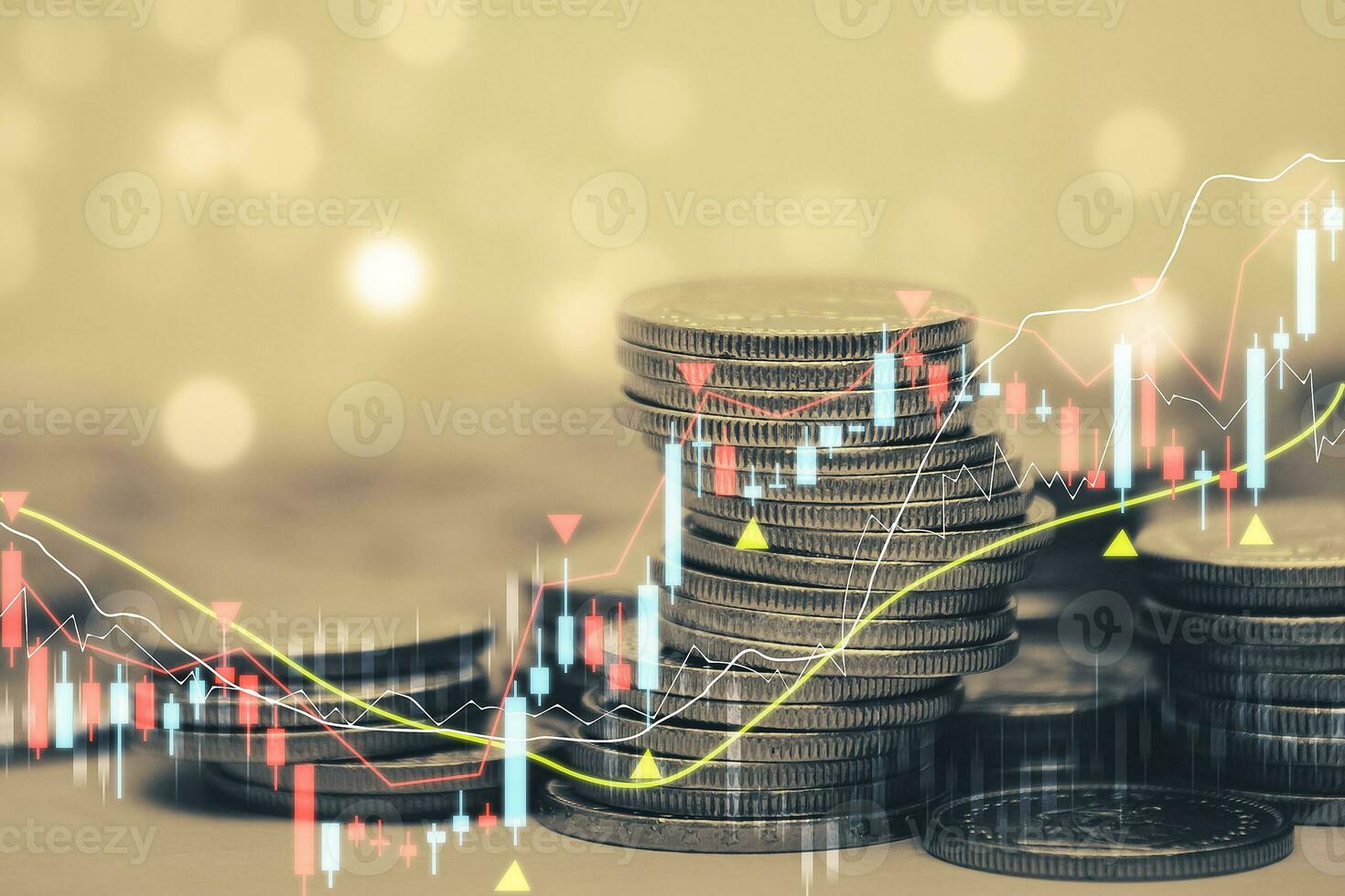 Sparkasse für Unternehmensfinanzierungskonzept, Münz- und Reihenwachstum, Börsen- oder Devisenhandelsdiagramm und Kerzendiagramm, geeignet für Finanzinvestitionsgelder, Devisenwechselhintergrund foto