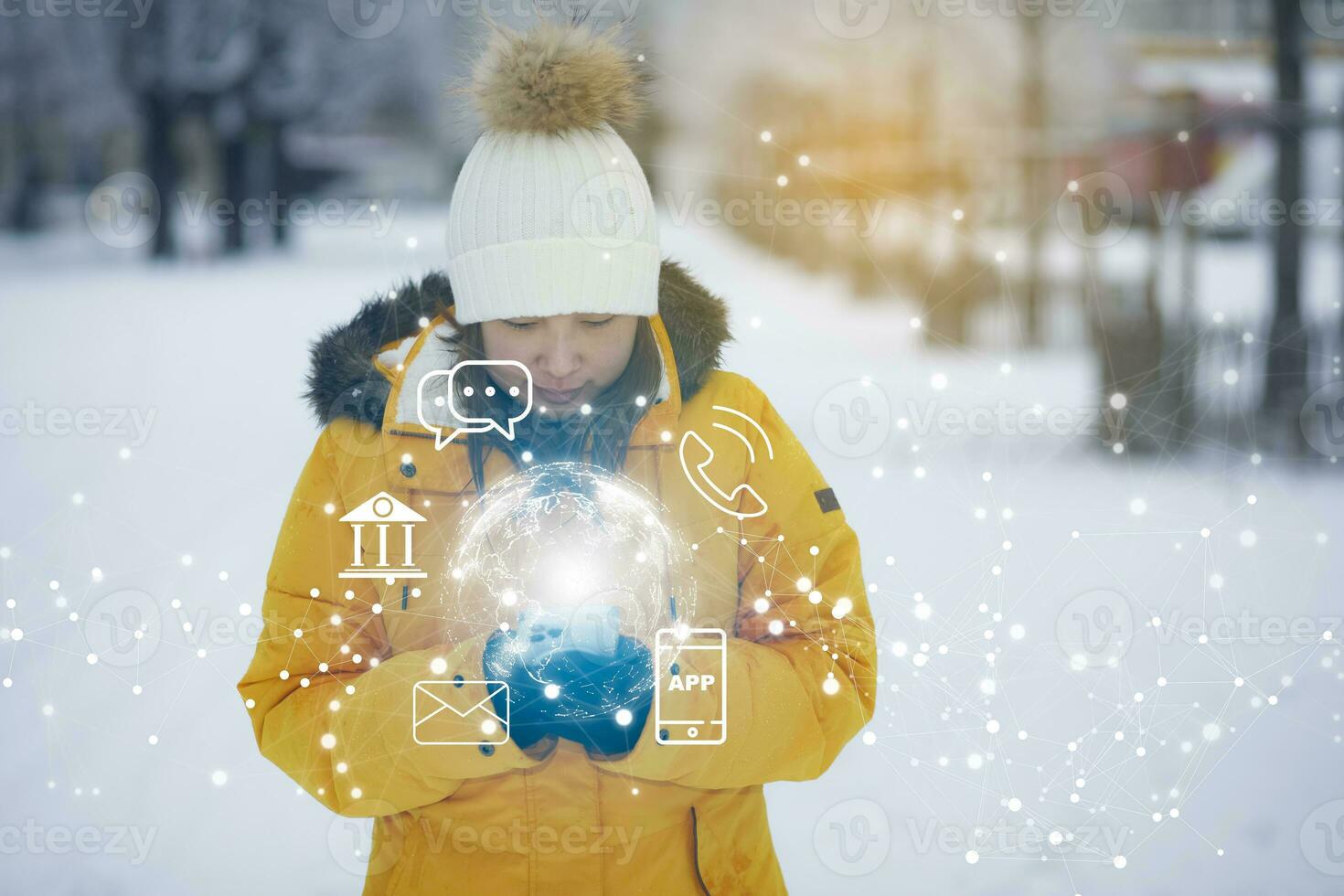 asiatisch Frau mit Smartphone mit virtuell Globus mit finanziell Symbole Zukunft Technologie im Schnee Hintergrund, Geschäft Ziele, online Kommunikation, Grafik Bildschirm Symbol von ein Medien Bildschirm, groß Daten foto