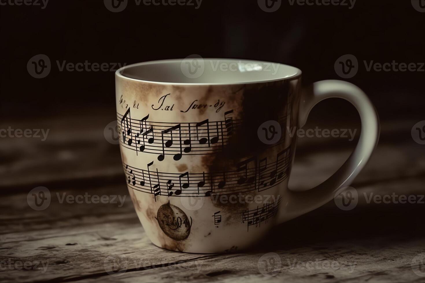 Kaffee Becher mit Musik- thematisch Design eine solche wie Blatt Musik- Technologie. ai generiert foto