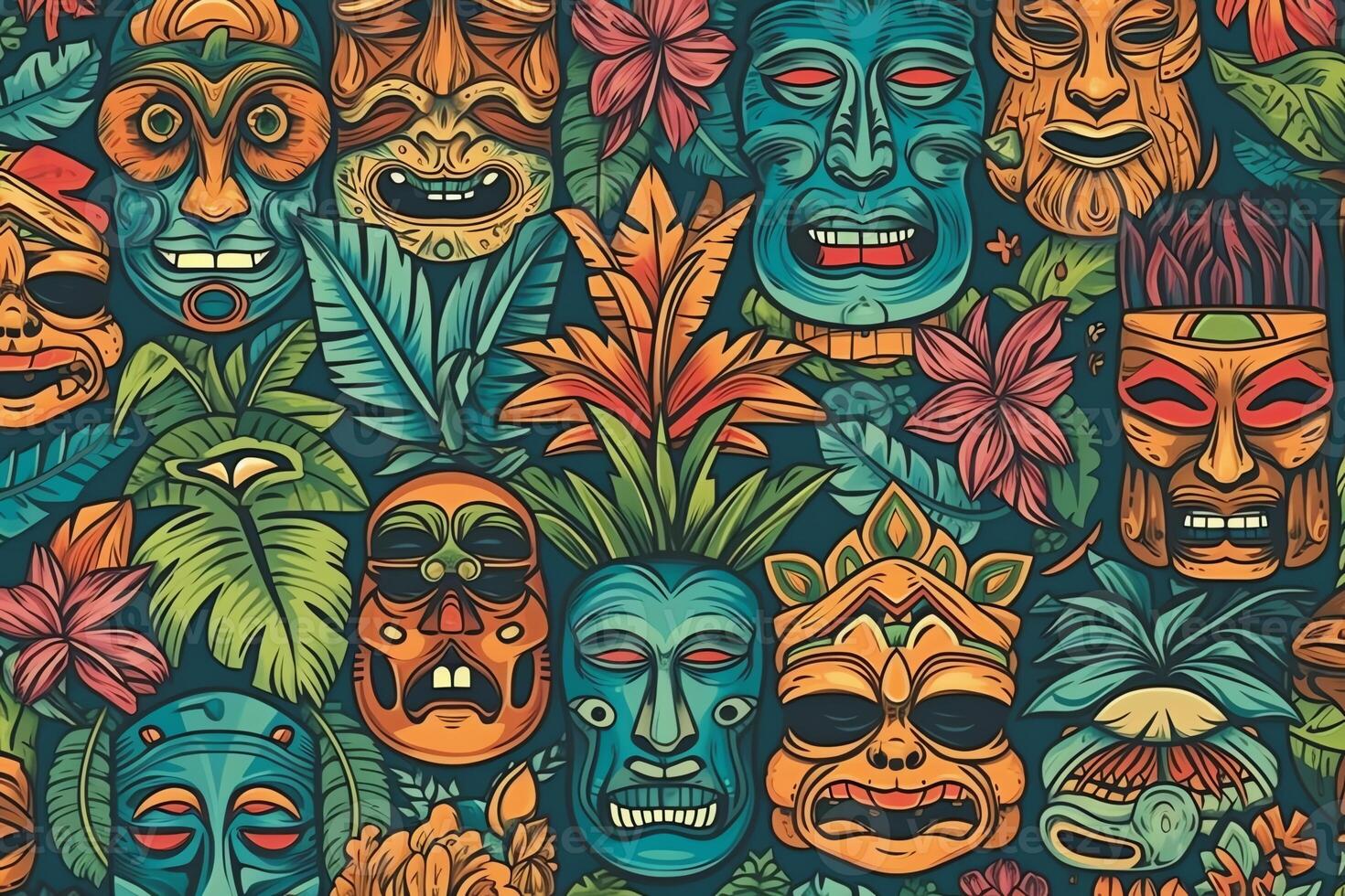 nahtlos 2d Illustration drucken Designs mit Hawaii tropisch Surfen Palme Tiki Maske thematisiert. ai generiert foto