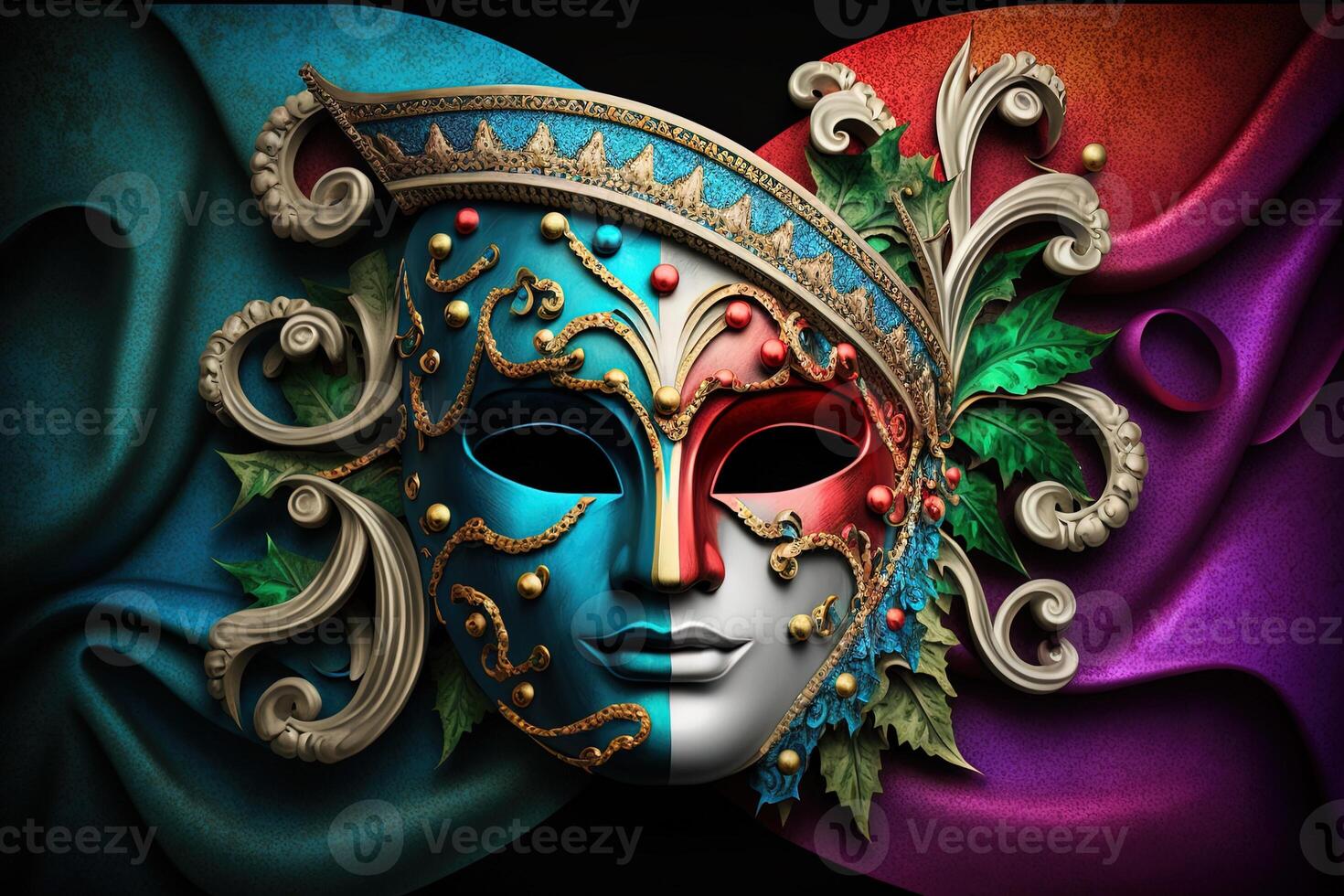Illustration, generativ ai mehrfarbig Karneval Maske Party inspiriert im uralt venezianisch Dominosteine foto
