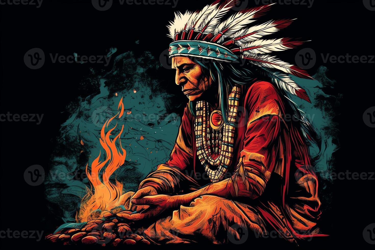 einheimisch amerikanisch Schamane im Betrachtung während Feuer Zeremonie indisch Chef Heiler im traditionell Stil und beschwingt hoch Kontrast Farben mit ein Menge von Detail Illustration. ai generiert foto