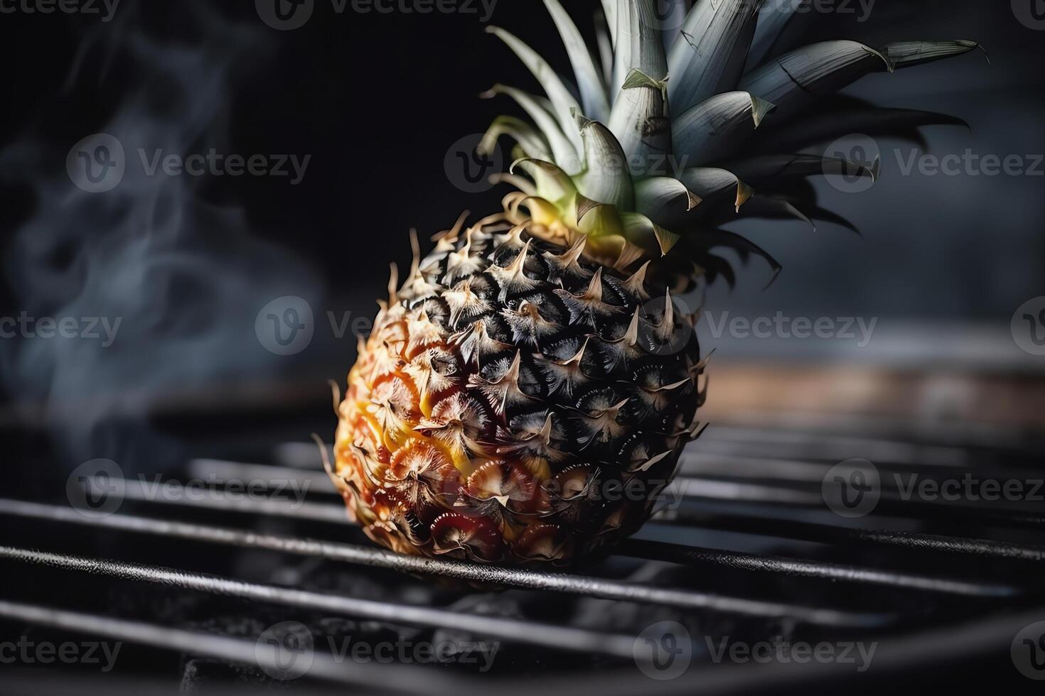 Grill gegrillt Ananas auf Grill Gitter mit Feuer Nahansicht Aussicht Sommer- Picknick draußen Technologie. ai generiert foto
