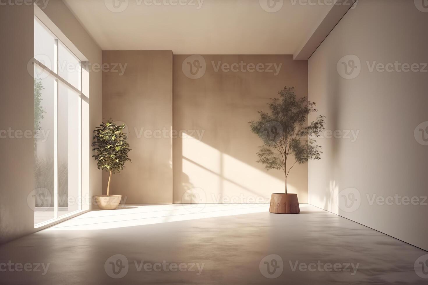 minimalistisch leeren Zimmer mit Beige und Weiß Hintergründe Beton Fußboden Sonne Strahl gemütlich Zuhause Innen- Pflanze Bereich Büro und Leben Räume spotten oben 3d Wiedergabe. ai generiert foto
