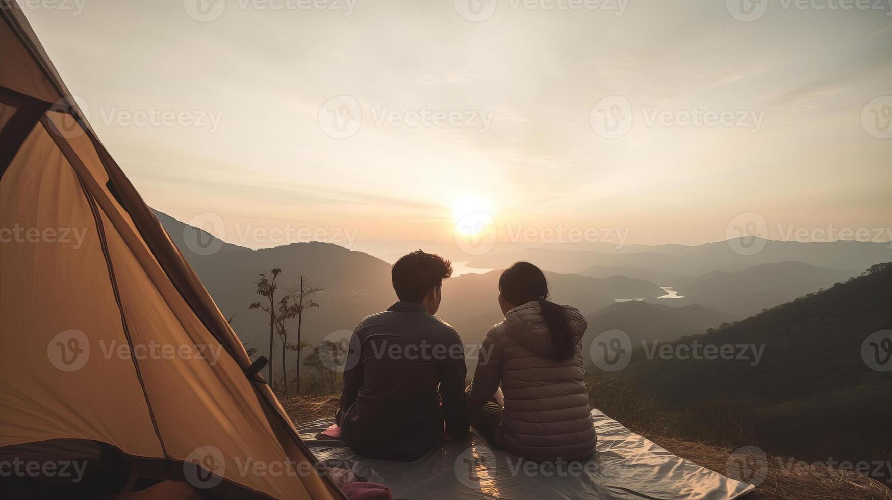 Mann und reichlich Frau Paar schätzen im Sie Zelt beim Sie Camping Punkt mit Morgen zu Start mit Licht sehen. kreativ Ressource, ai generiert foto