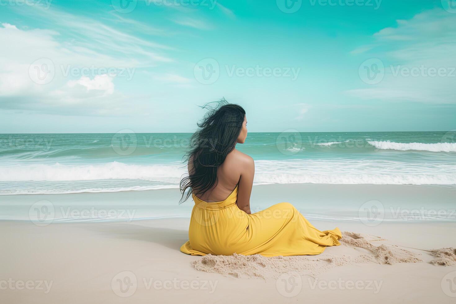 zurück Aussicht von ein Frau Sitzung auf ein Strand. ai generiert foto