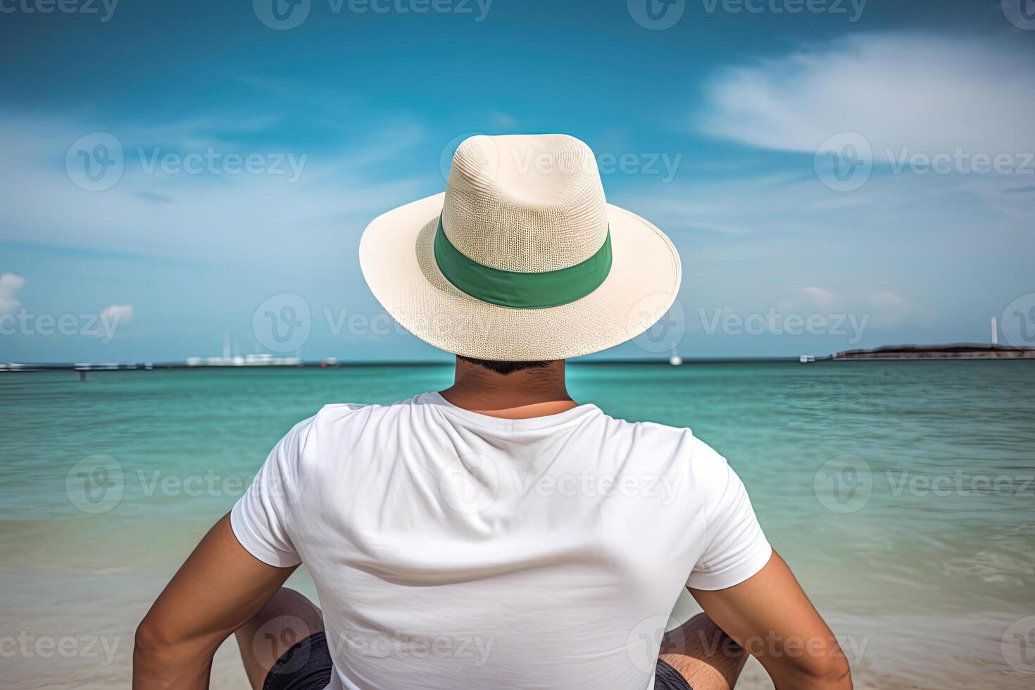 zurück Aussicht von ein Mann tragen ein Hut Sitzung auf ein Strand. ai generiert foto