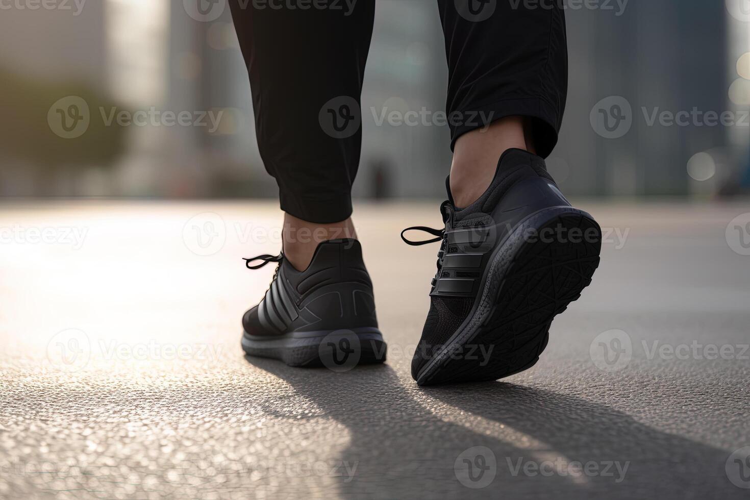 Beine Aussicht von ein Person Gehen auf das Straße tragen Sport Schuhe. ai generiert foto