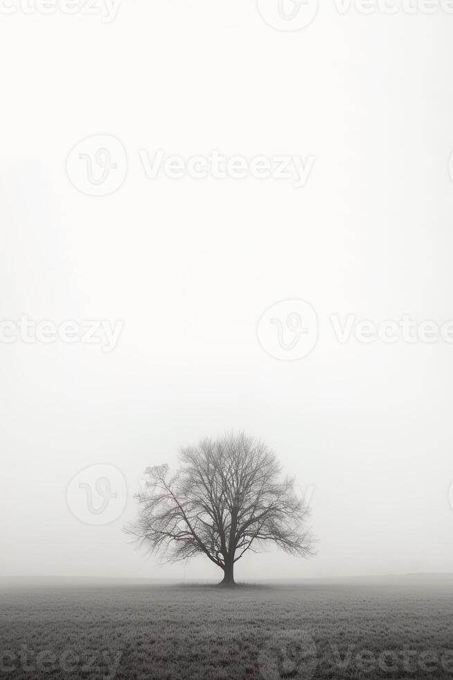 ein einsam Baum steht allein im ein nebelig Feld mit Kopieren Raum zum Text. ai generiert foto