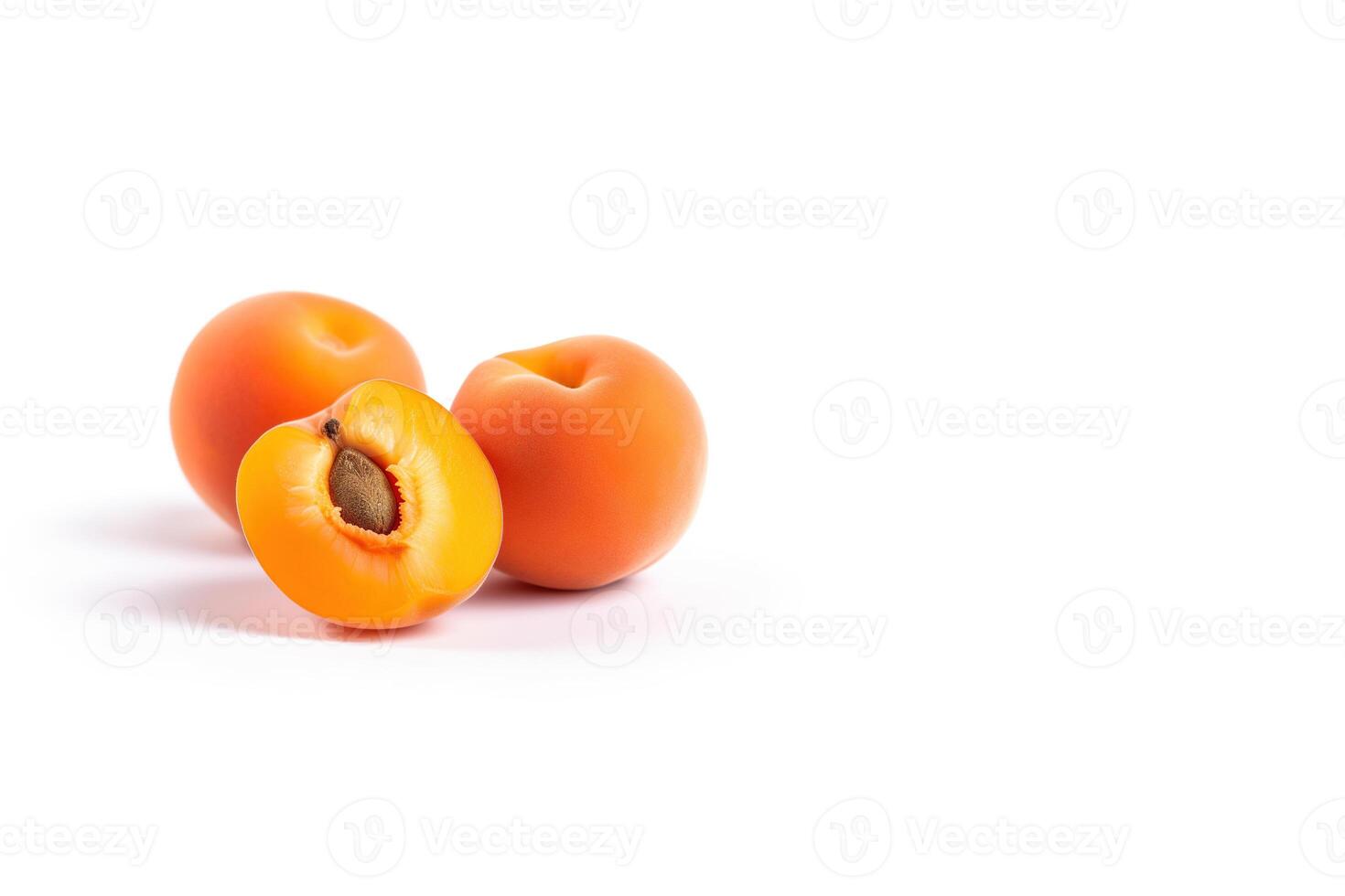 frisch ganze und geschnitten Pfirsiche Aprikosen isoliert auf Weiß Hintergrund mit Kopieren Raum. ai generiert foto