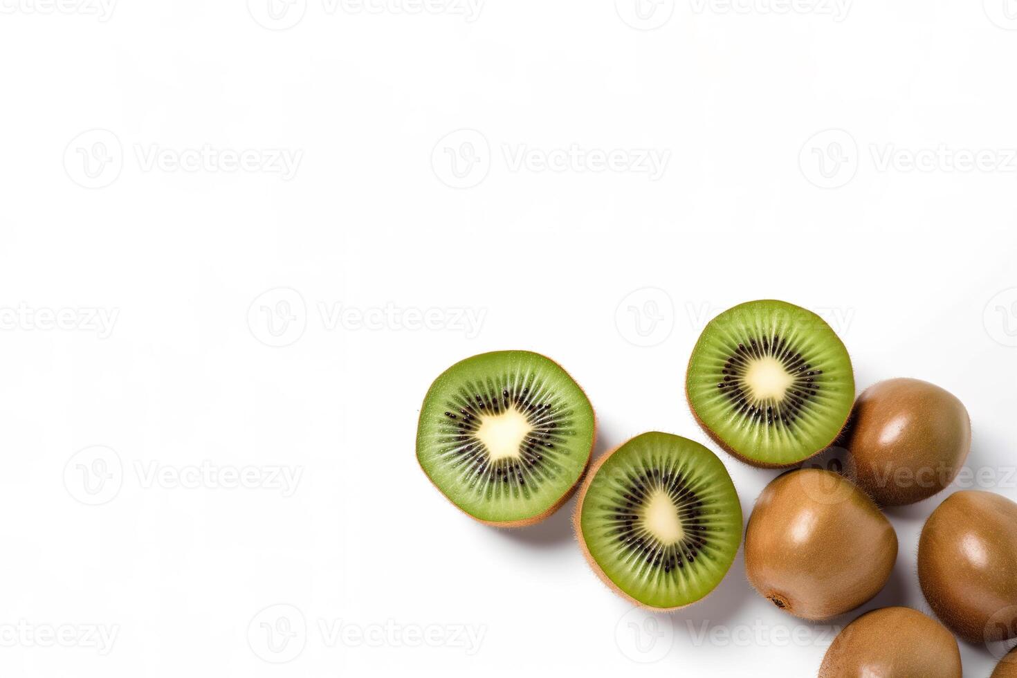 oben Aussicht frisch ganze und geschnitten Kiwi isoliert auf Weiß Hintergrund mit Kopieren Raum. ai generiert foto