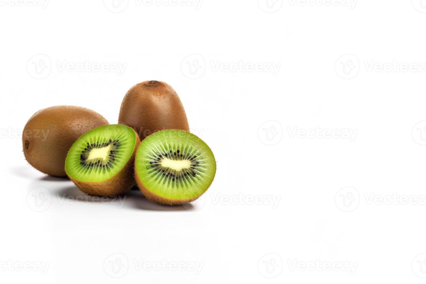 frisch ganze und geschnitten Kiwi isoliert auf Weiß Hintergrund mit Kopieren Raum. ai generiert foto