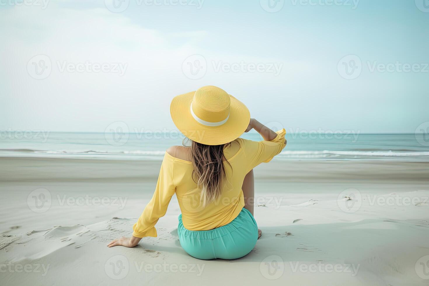 zurück Aussicht von ein Frau tragen ein Hut Sitzung auf ein Strand. ai generiert foto