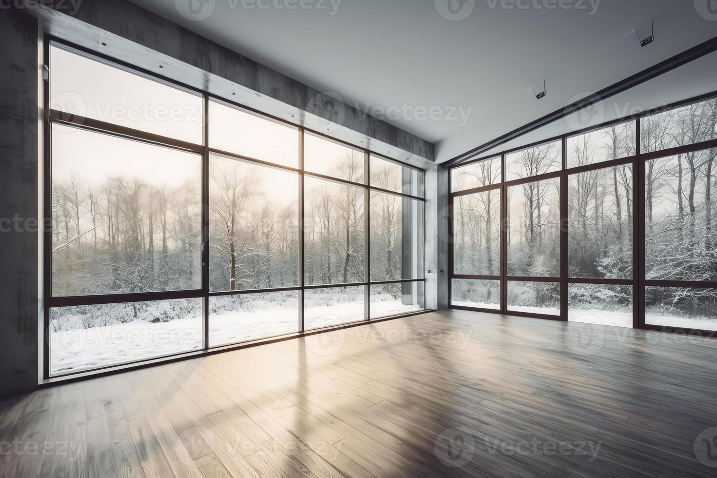 leeren Zimmer Innere Design öffnen Raum mit groß Panorama- Fenster auf Winter Aussicht mit Schnee Parkett hölzern Fußboden gewellt Blatt Dach modern minimal die Architektur Idee. ai generiert foto