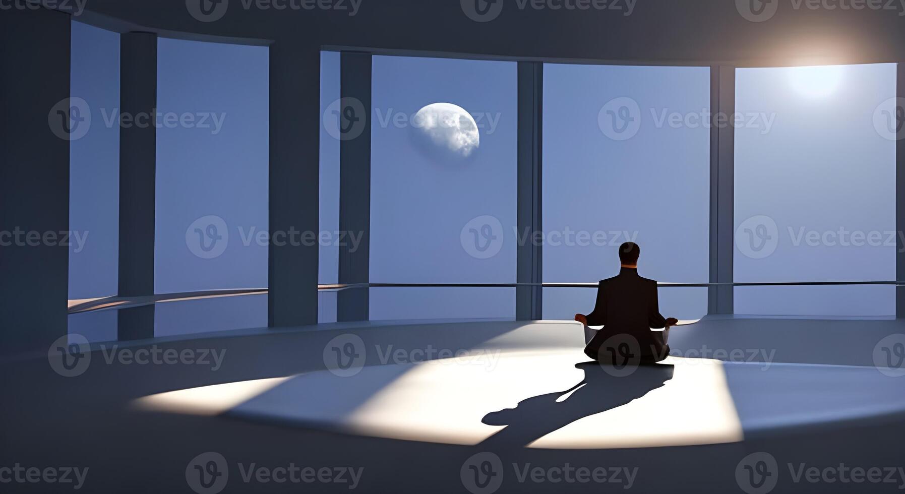 Rückseite Aussicht von Person meditieren und üben Yoga im ein Zimmer während starren Mond und Sonne. ai generiert. foto