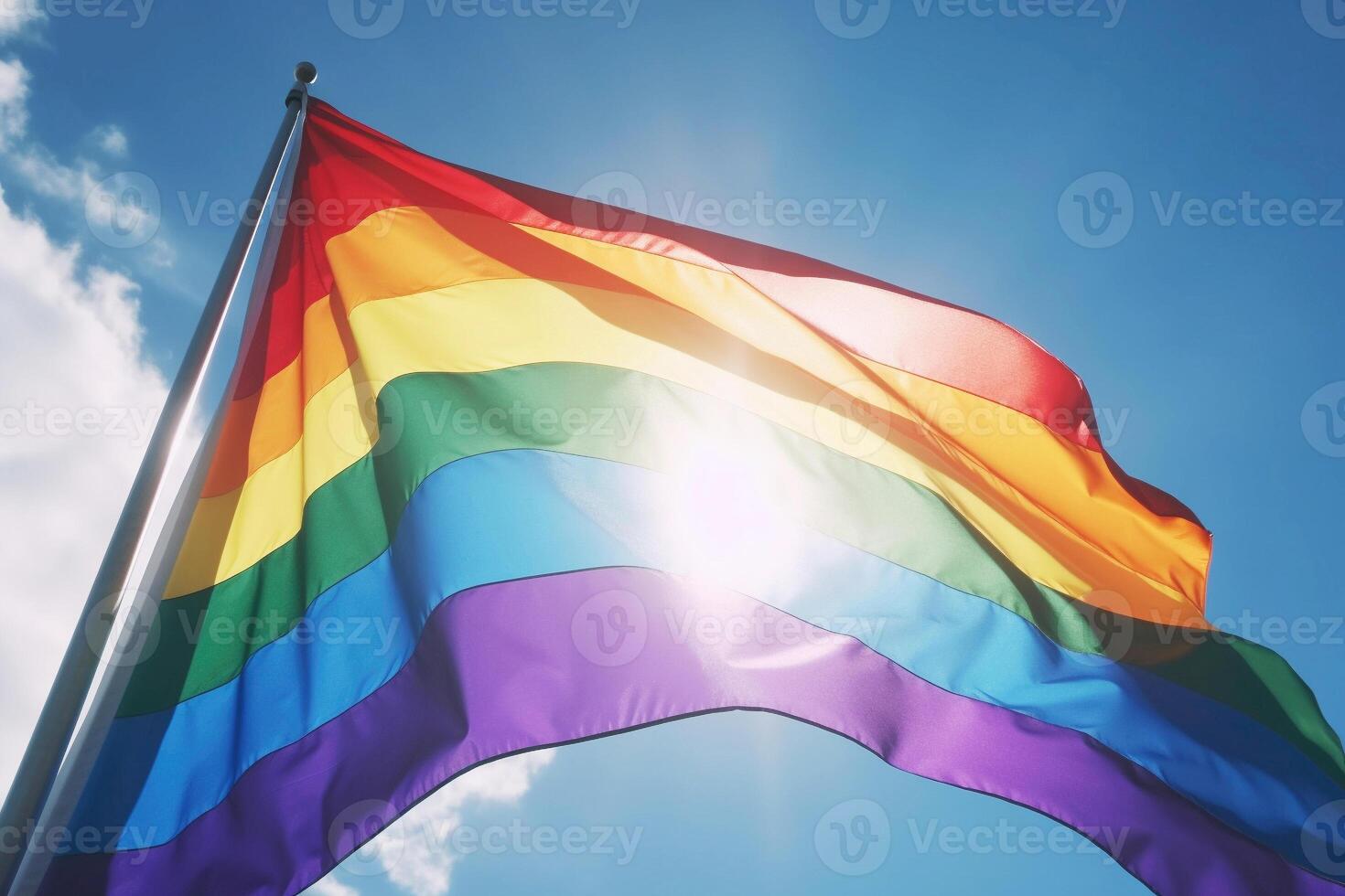 ai generativ. Stolz Regenbogen lgbt Fröhlich Flagge gegen ein Blau Himmel. foto