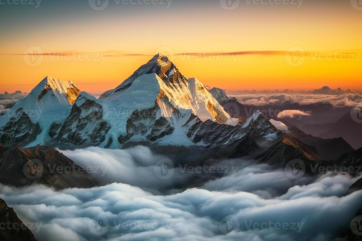 Dämmerung im das Berge über das Wolken, montieren Everest. Berg Landschaft. generativ ai foto