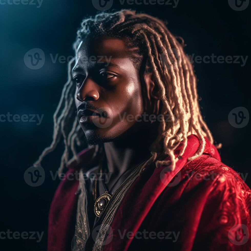 Porträt, dunkelhäutig Mann mit lange Haar im ein rot Jacke, Dreadlocks Haar. schwarz Hintergrund. generativ ai foto