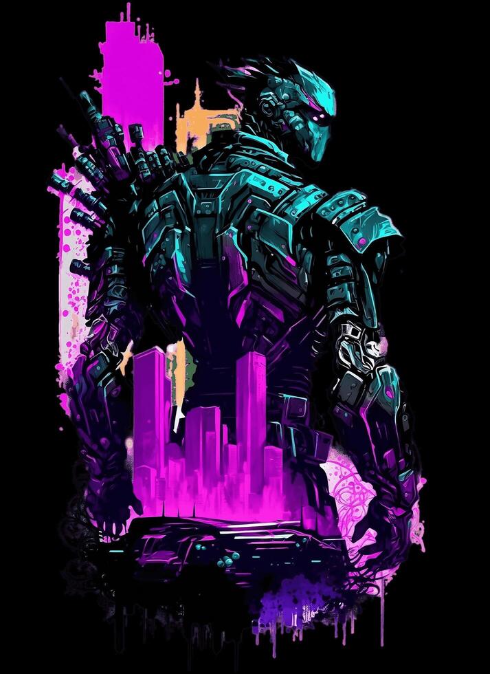 Cyberpunk t Hemd Design. Illustration von ein farbig Panne. ai generiert foto