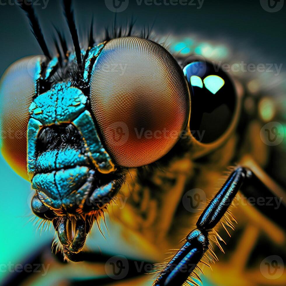Nahansicht Makro Fotografie von Drachen fliegen Haus fliegen fliegt Insekten ai generativ foto