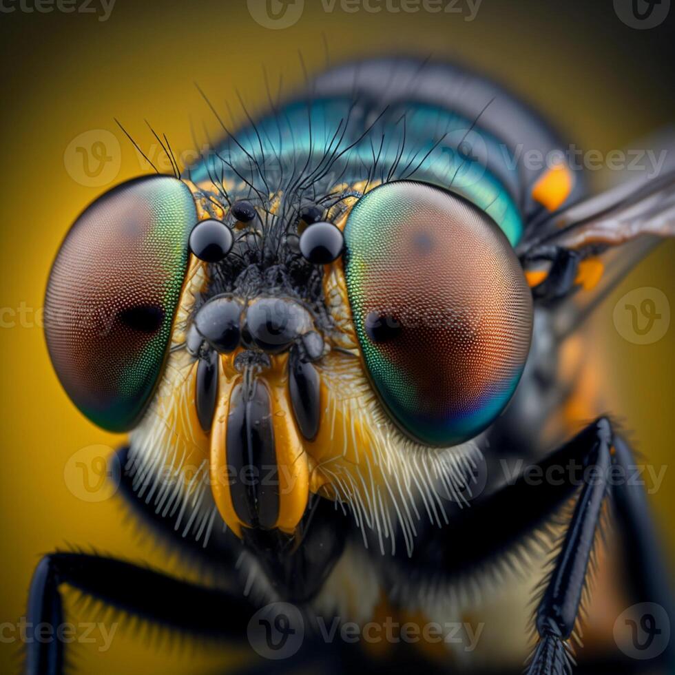 Nahansicht Makro Fotografie von Drachen fliegen Haus fliegen fliegt Insekten ai generativ foto
