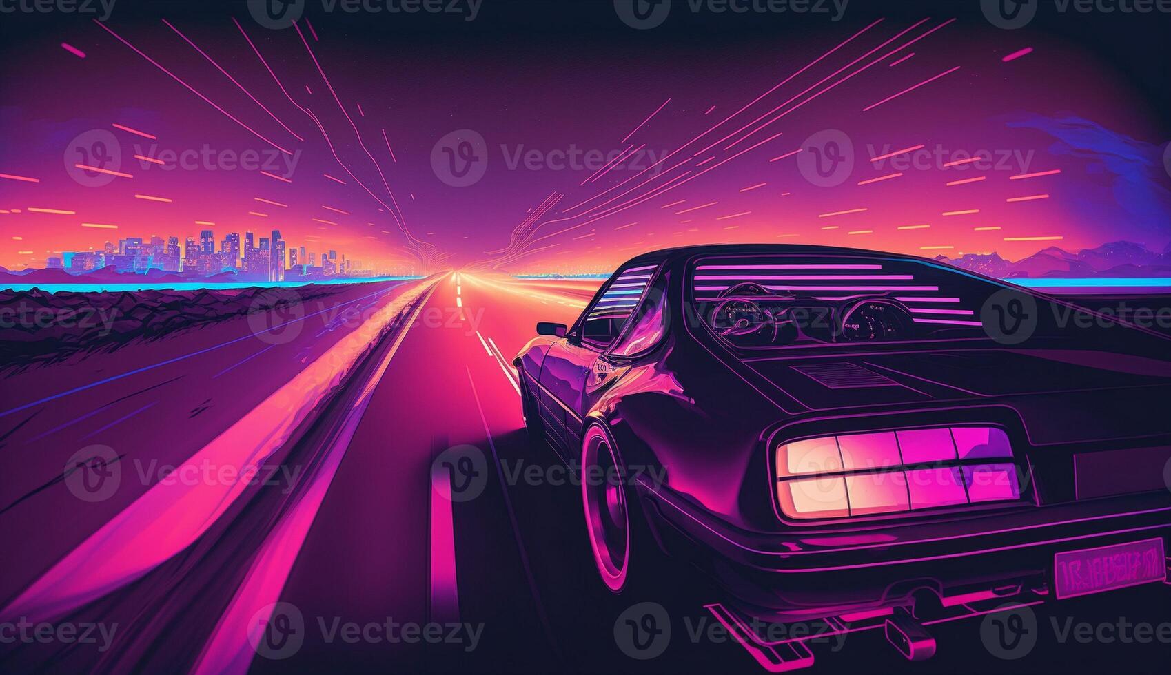 Cyberpunk futuristisch retro Welle Synth Welle Auto, retro Sport Auto mit Neon- Hintergrundbeleuchtung Konturen, generativ ai foto