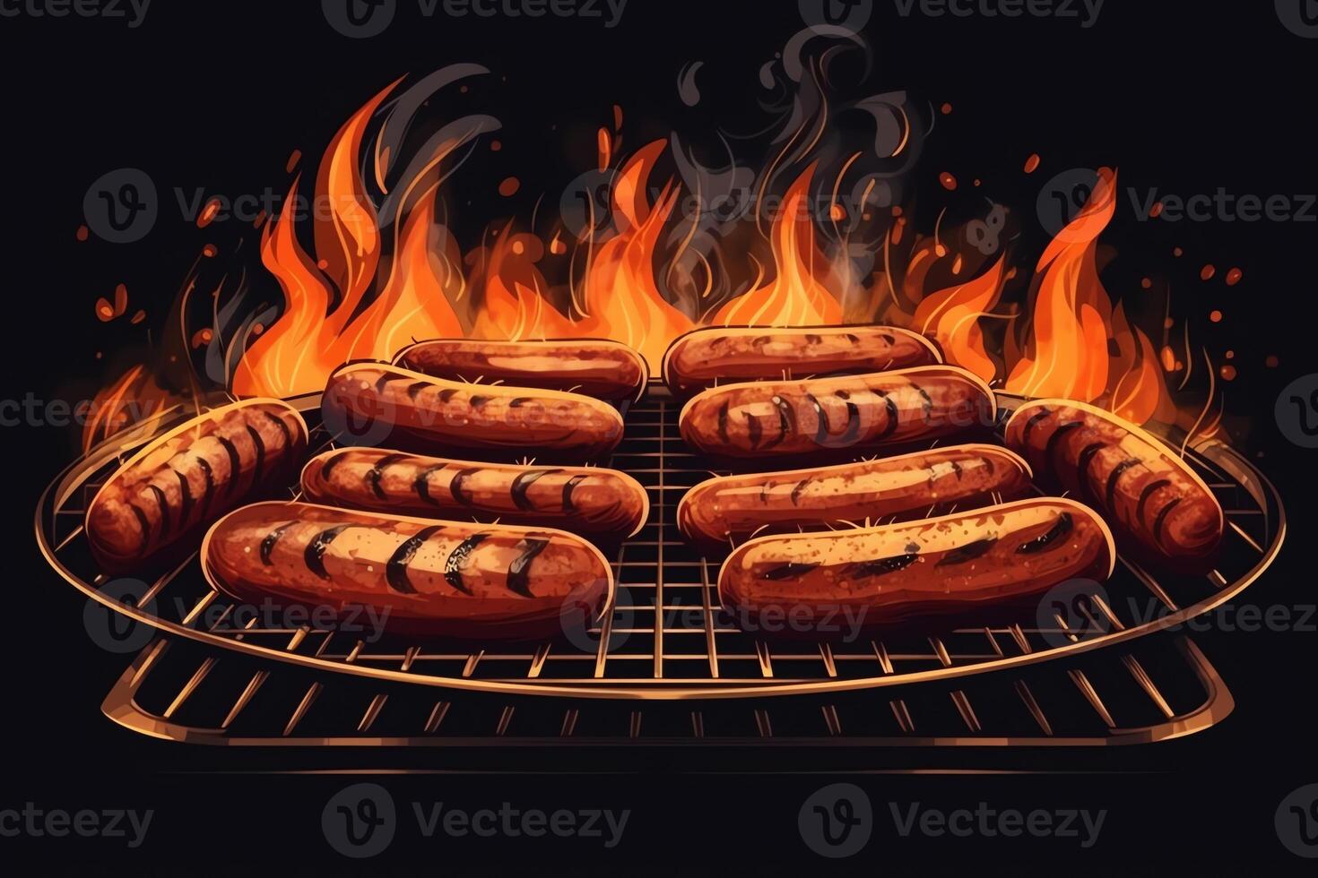 Würste auf ein Grill gegrillt Würstchen auf das Flamme Grill Illustration. ai generiert foto