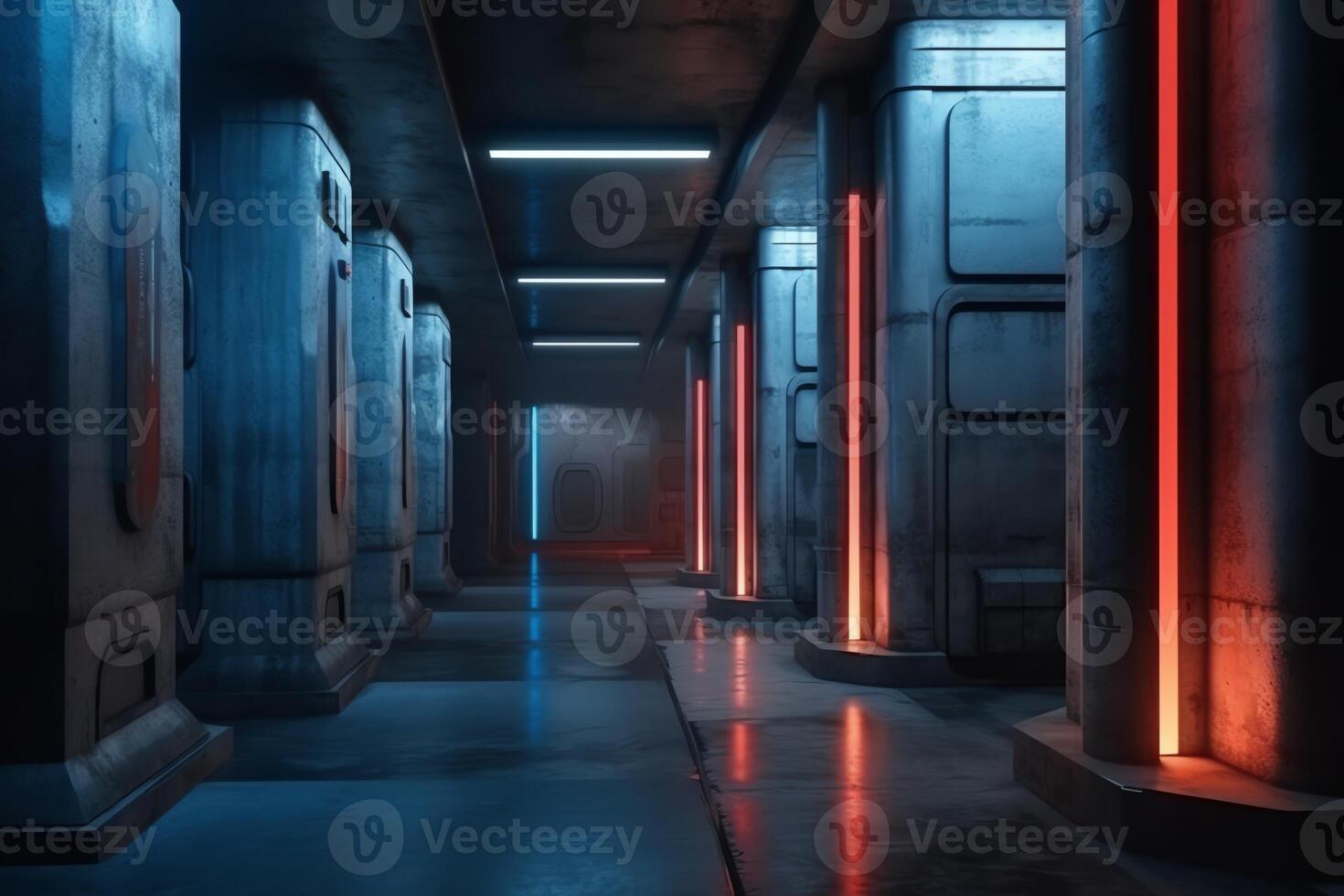 Außerirdischer sci fi futuristisch Säulen Raumschiff Blau rot Beleuchtung Halle groß Beton Zement Asphalt Keller Flur Studio Ausstellungsraum Bunker Garage 3d Wiedergabe. ai generiert foto