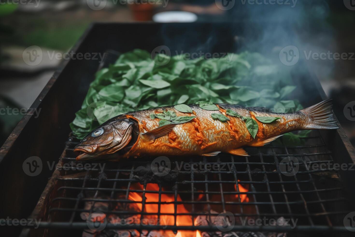 ein Fisch ist Kochen auf ein Grill mit ein Menge von Soße auf es ist Seite und ein Bündel von Grün Blätter auf es ist Seite. ai generiert foto