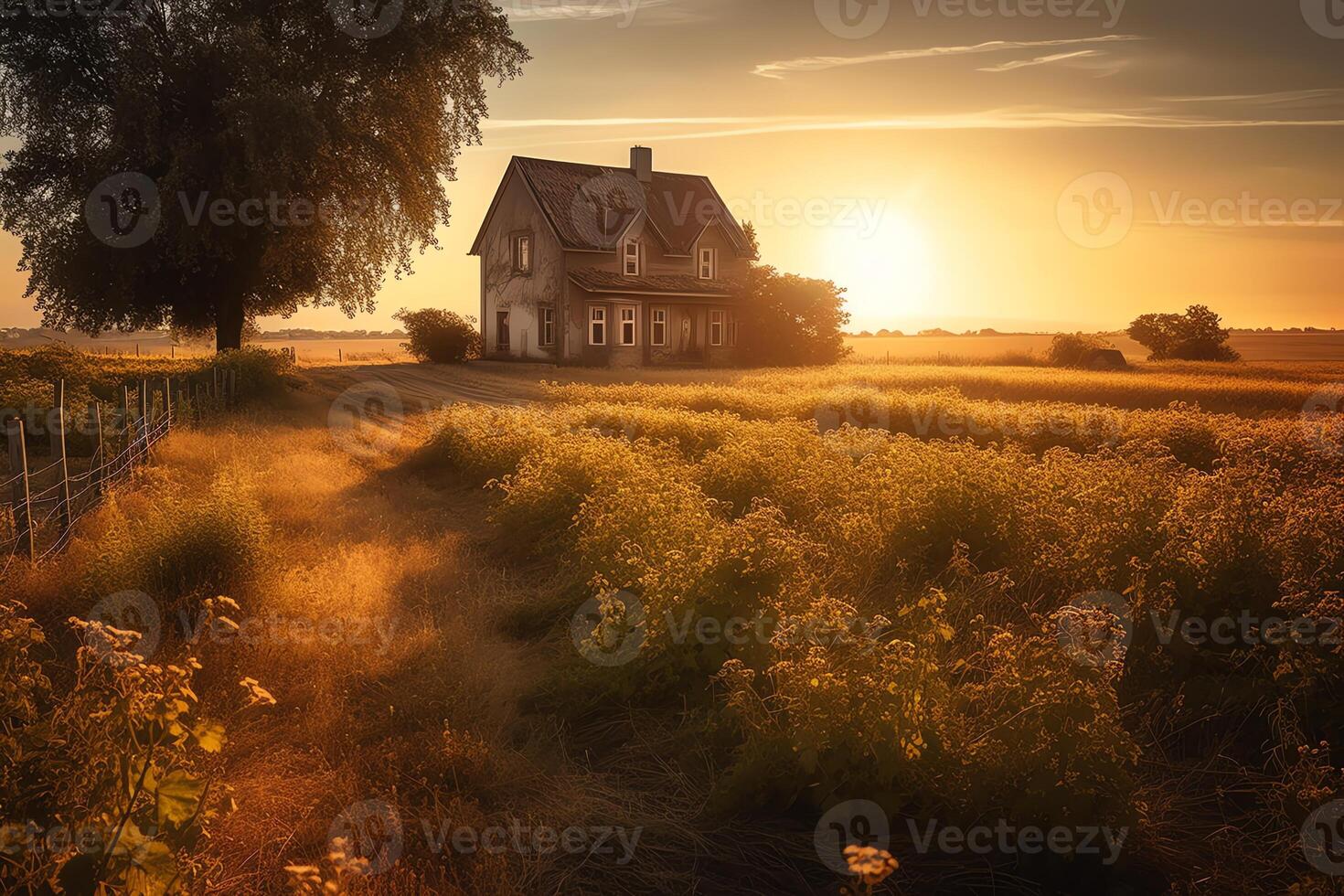 idyllisch Bauernhaus auf ländlich Weinberg leuchtet golden Sonnenuntergang. ai generiert foto