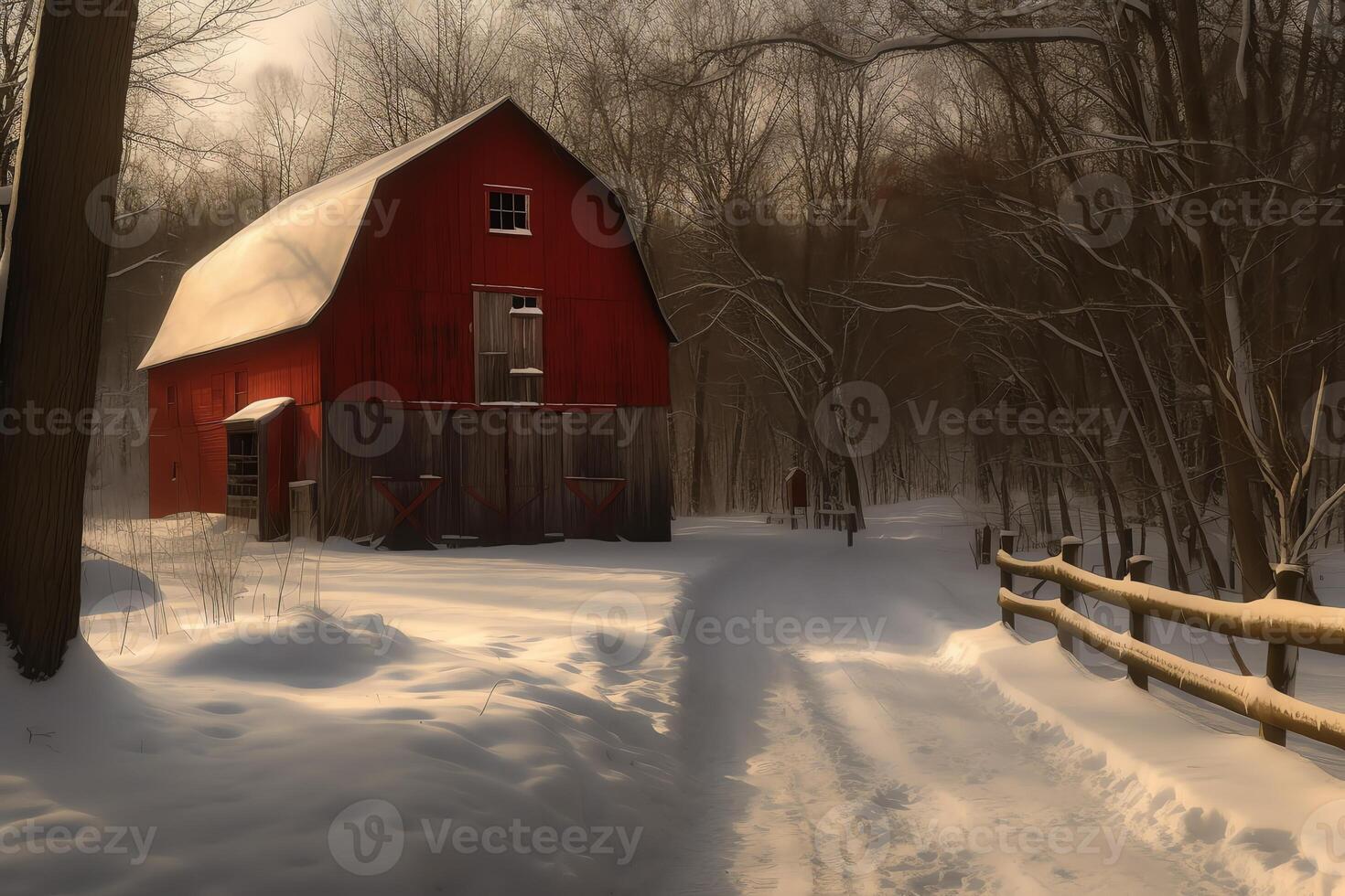 rot Scheune im Winter. ai generiert foto